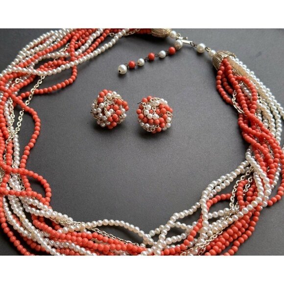 Vintage Japan bead Jewelry set - Multi Strand  necklace & clip on earrings - Picture 5 of 8